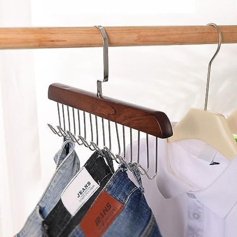 Multipurpose Solid Wooden Hanger with Stainless Steel Hooks