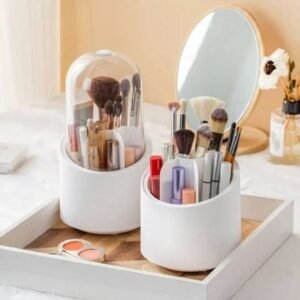 360° Rotating Makeup Brush Storage Box – Portable Cosmetic Organizer with Dustproof Cover