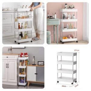 4-tier multipurpose storage trolley with wheels and stainless steel support poles