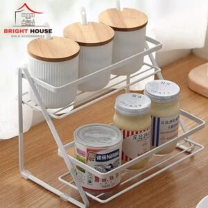 Two-Tier Metal Spice Rack with Ceramic Jars – Kitchen Seasoning Storage Organizer