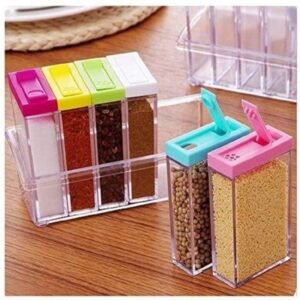 6-Piece Transparent Plastic Spice Jar Set with Storage Tray & Colorful Flip Lids