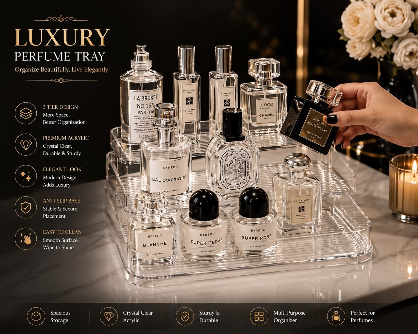 Luxury Mirror Glass Perfume Tray – Vanity Storage & Cosmetic Organizer