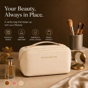 Travel Cosmetic Leather Bag – Portable Makeup & Toiletry Organizer