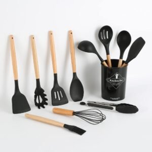 12-Piece Silicone Kitchen Utensil Set with Wooden Handles & Storage Holder – Non-Stick Heat Resistant Cooking Tools