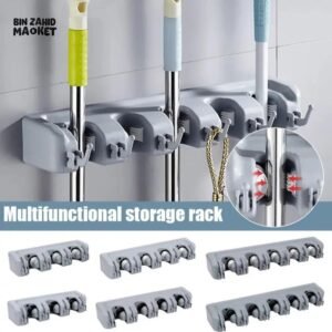 Wall-Mounted Mop and Broom Holder – 5 Spring-Loaded Grip Slots & 6 Fold-Down Hooks