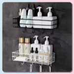 Wall Mounted Metal Wire Basket Bathroom Organizer Shelf with Hooks – Black & White Bathroom Storage Rack for Toiletries, Shampoo & Towels