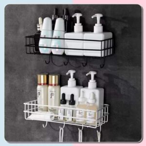Wall Mounted Metal Wire Basket Bathroom Organizer Shelf with Hooks – Black & White Bathroom Storage Rack for Toiletries, Shampoo & Towels